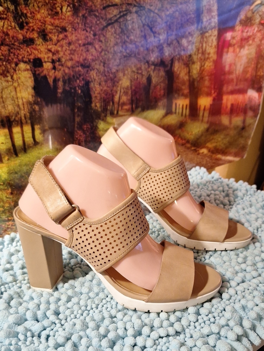 Clarks Beige/Tan Block Heel Sandals with Perforated Strap